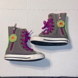 Converse All Star gray, orange, neon green, and purple high top sneakers size 5